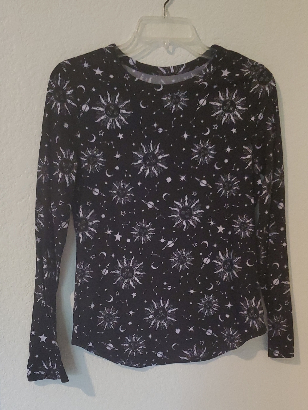 Black Celestial Sun Moon Saturn Stars Constellations Long-Sleeve Soft Stretchy